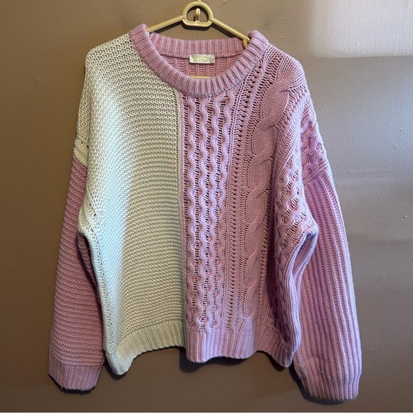 Stine Goya Pink Blanci Patchwork Multi Cable Knit Wool Sweater Size Medium - Picture 1 of 5